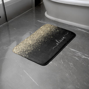 Tapis De Bain Parties scintillant Noir Or Script Monogramme Nom 
