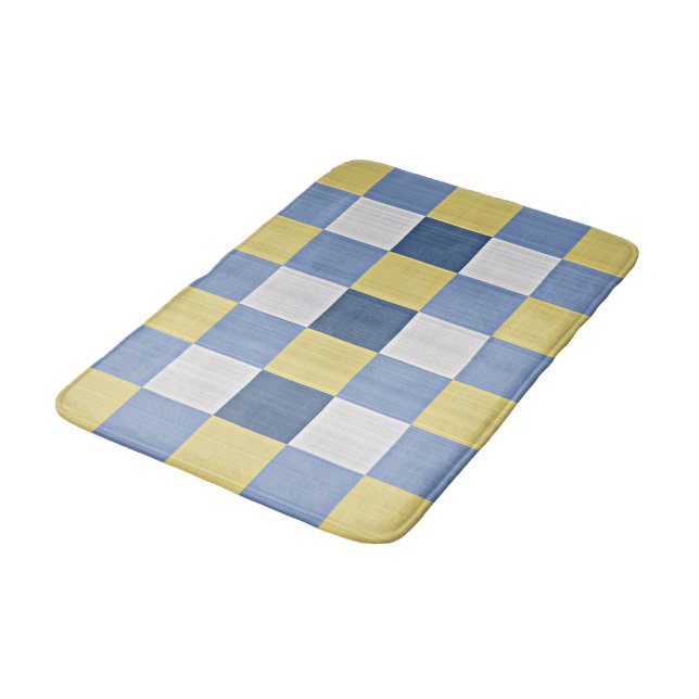 Tapis De Bain Pastel Bleu Turquoise Jaune Blanc À damiers Motif (Angle)