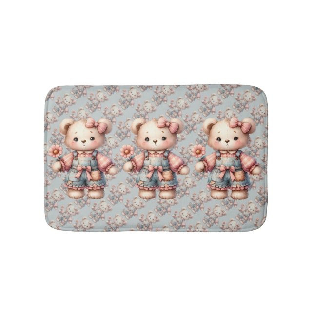 Tapis De Bain Pastel Teddy Bear Holding Flower Wear Overalls (Devant)