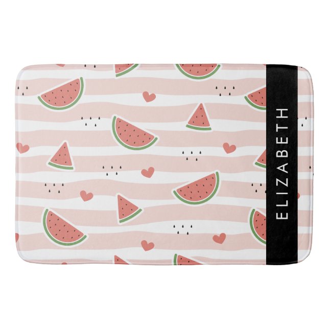 Tapis De Bain Pastèques Rouges, Coeurs, Bandes, Votre Nom (Devant)