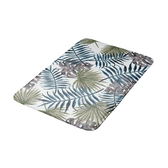 Tapis De Bain Paume vert Mauve Tropical Feuille Aquarelle Art (Angle)