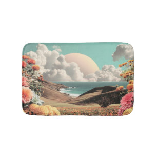 Tapis De Bain Paysage côtier surréaliste avec fleurs et nuages