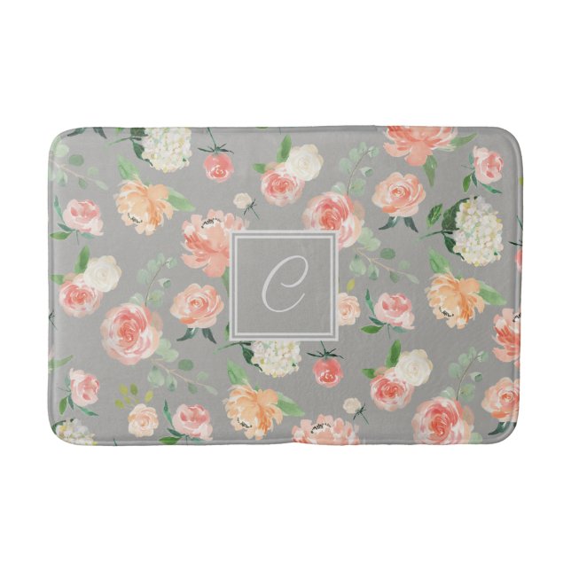 Tapis De Bain Peach et Taupe Floral avec Monogramme (Devant)