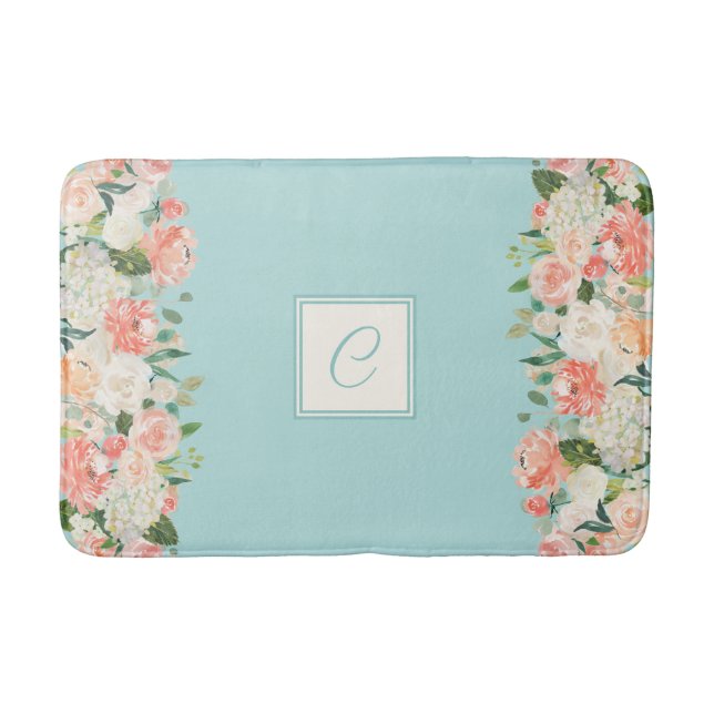 Tapis De Bain Pêche et aquarelle d'Aqua Floral avec Monogramme (Devant)