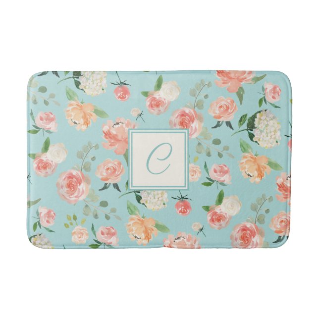 Tapis De Bain Pêche et aquarelle d'Aqua Floral avec Monogramme (Devant)