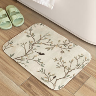 Tapis De Bain Peinture aquarelle beige de branche d'oiseau natur