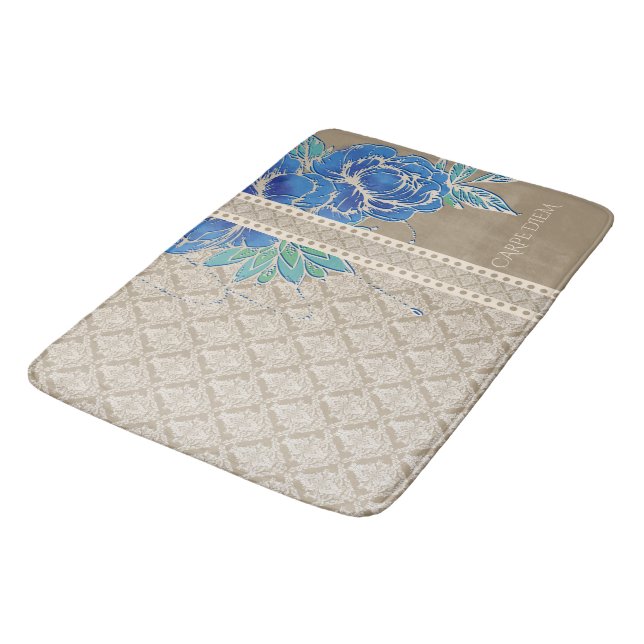 Tapis De Bain PÉONIES BLEUES & DAMASK ~ Mat de bain (Angle)