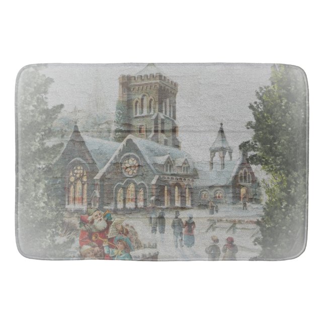 Tapis De Bain Père Noël ancienne avec enfants devant une église (Devant)