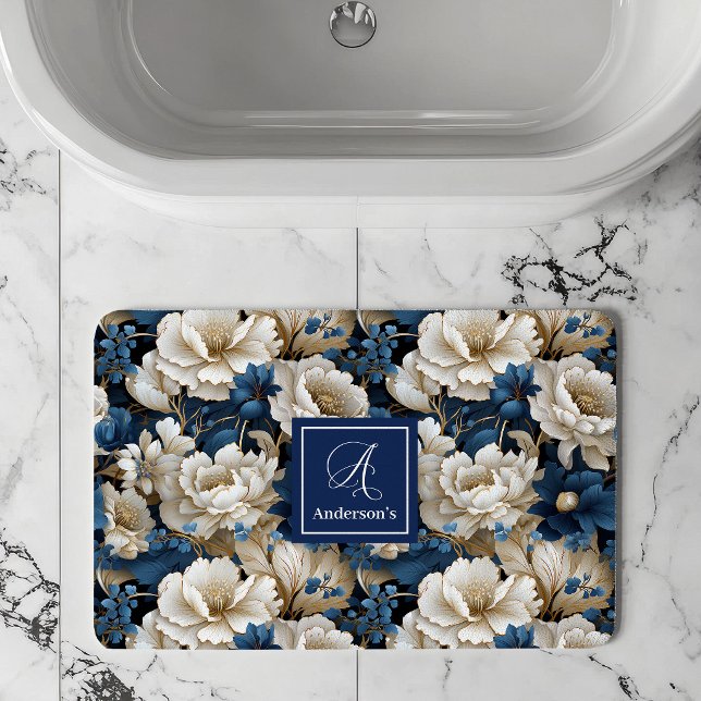 Tapis de bain personnalisé avec fleurs bleues mari (Opulent Navy Blue Flowers Custom Name Bath Mat)