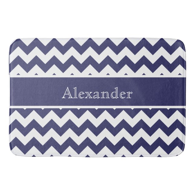 Tapis De Bain Personnalisé Chevron Navy Blue White arrière - pla (Devant)