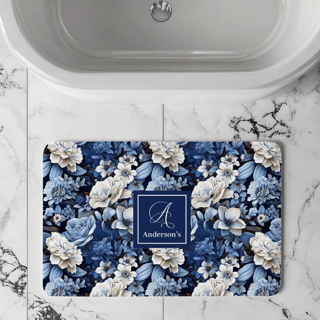 Tapis de Bain Personnalisé Fleurs Blanches Bleues  (Navy blue and ivory flowers,
Deep Blue flowers botanical garden,
Royal blue dusty blue floral,
Water)