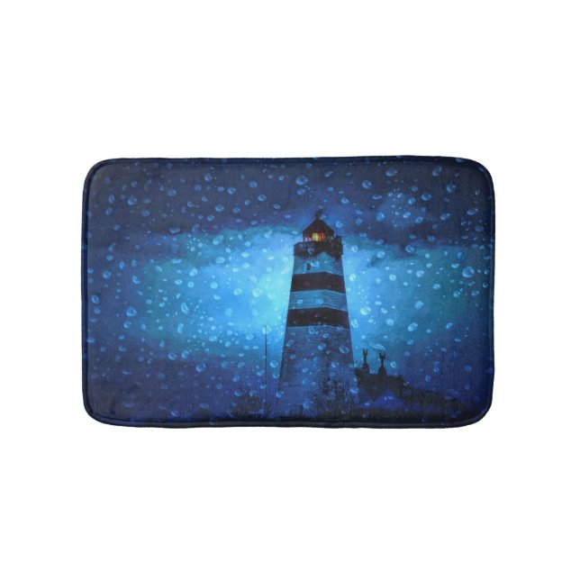 Tapis De Bain Phare océanique une nuit bleu foncé avec des goutt (Devant)