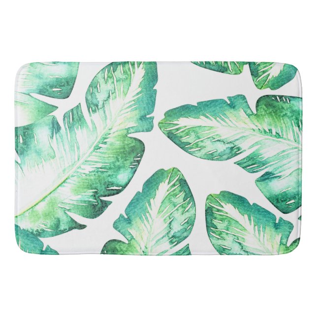Tapis De Bain Plage Blanc & Vert Tropical Palm Feuille Chic (Devant)