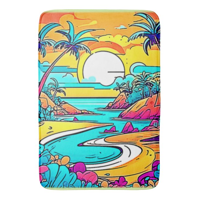 Tapis De Bain Plage de coucher de soleil tropicale animée (devant Vertical)
