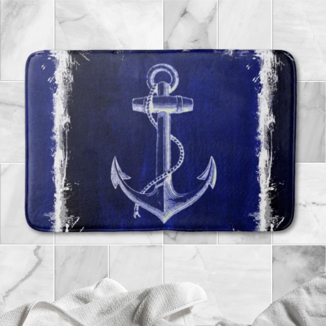 Tapis De Bain plage marine bleu côtier chic ancre nautique (beach navy blue coastal chic nautical anchor bath mat)