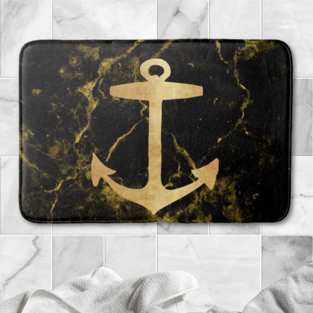 Tapis De Bain plage minimaliste chic or ancre marbre noir (beach minimalist chic gold anchor black marble bath mat)