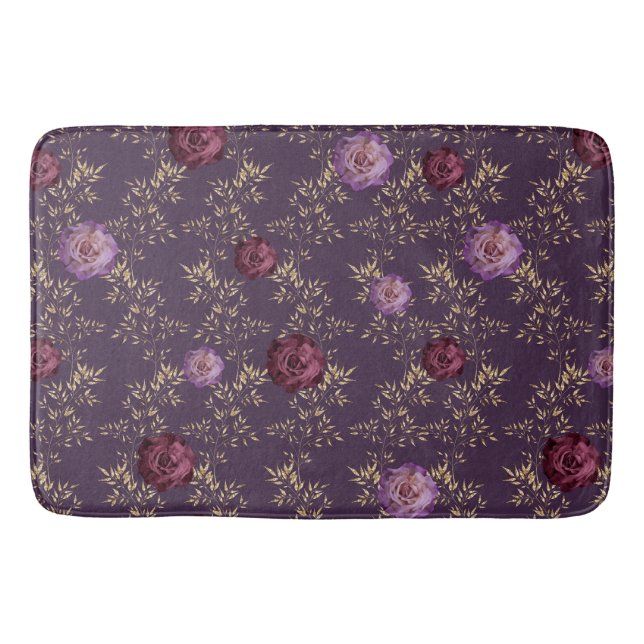 TAPIS DE BAIN PLUM & PURPLE ROSES AVEC PETITS FEUILLES OR (Devant)