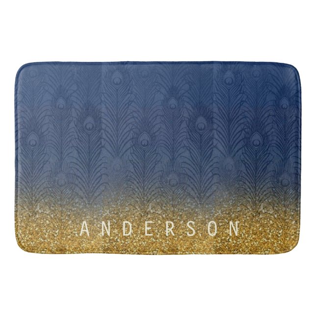 Tapis De Bain Plume d'or de parties scintillantes de bleu (Devant)
