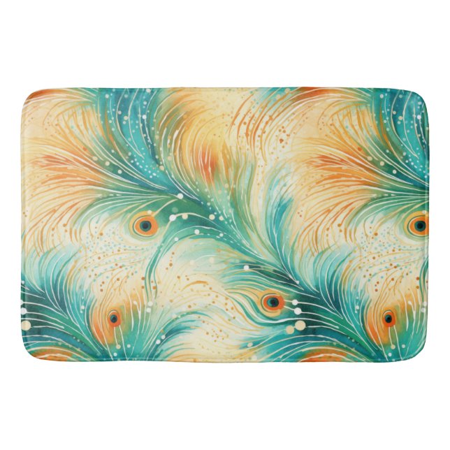 Tapis De Bain Plumes de paon à crème orange turquoise (Devant)