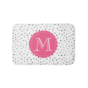 Tapis De Bain Points Confetti noirs et blancs Monogramme rose ch