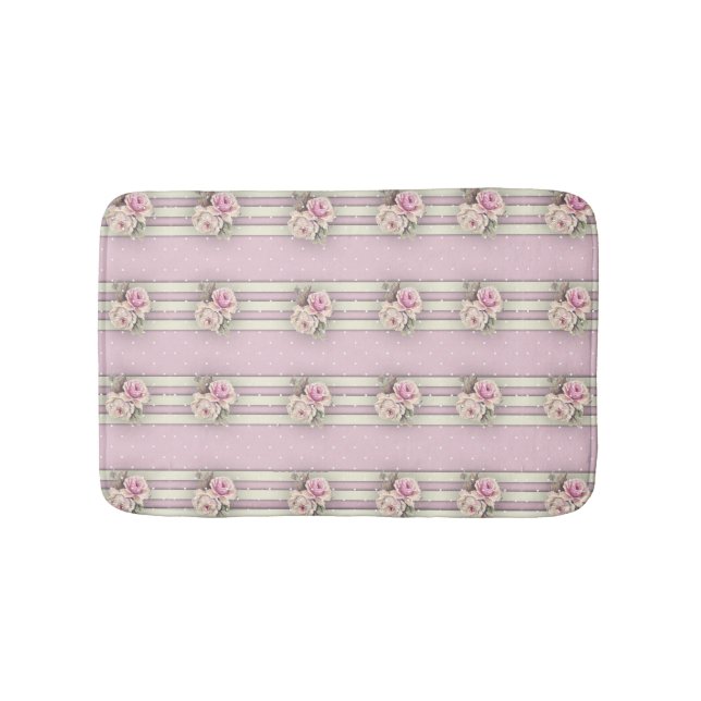 Tapis De Bain Points et frontières blancs d'Ecru de roses roses (Devant)