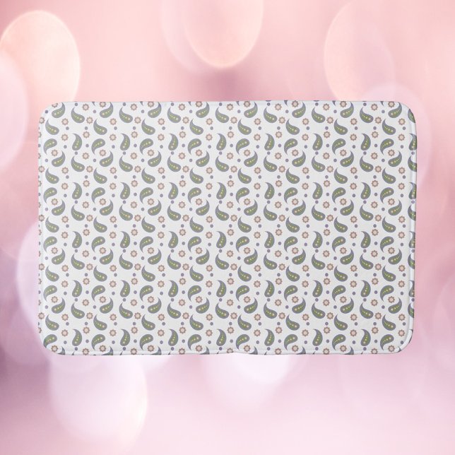 Tapis De Bain Points Fleurs Paisley Rose Vert Violet (A bath mat with a paisley, flower and dot pattern done in pink, green, blue and purple.)