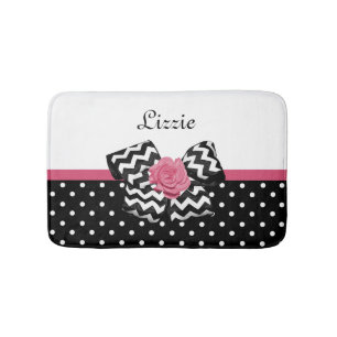 Tapis De Bain Points noirs mignons Rose rose Chevron Bow et nom