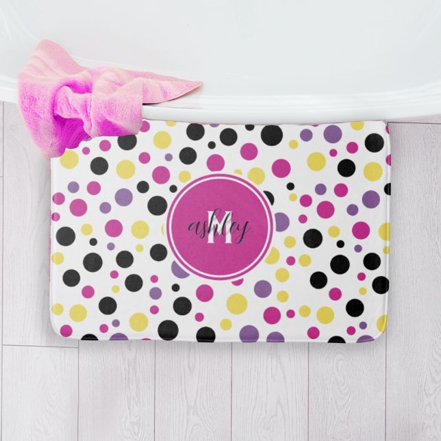 Tapis De Bain Pois de monogramme rose rétro (Créateur téléchargé)