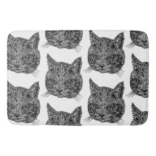 Tapis De Bain Portrait de chat ornemental noir et blanc