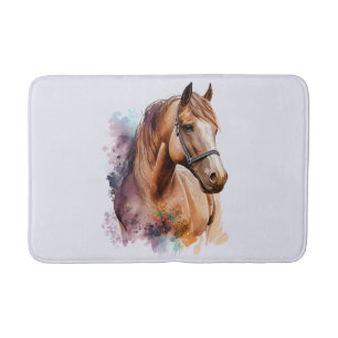 Tapis De Bain Portrait de tête de cheval brun à l'aquarelle