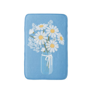 Tapis De Bain Pot de maçon de marguerites blanches sur le bleu