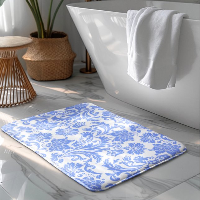Tapis De Bain Poudre bleu et blanc Damas florales (Créateur téléchargé)