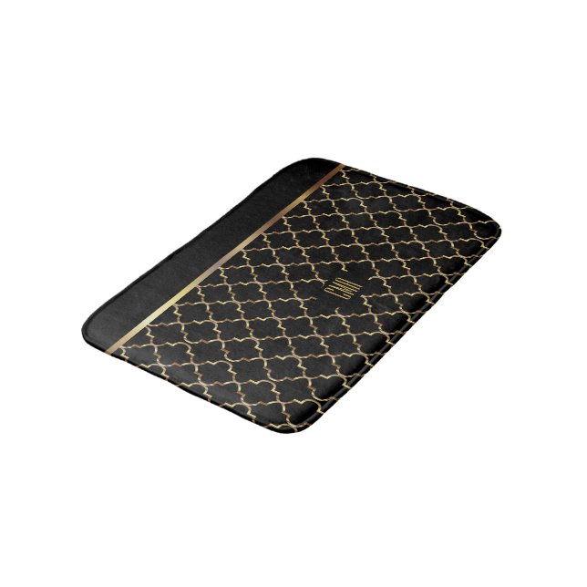 Tapis De Bain Quatrefoil or et noir - Monogramme Design (Angle)