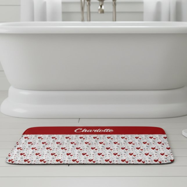 Tapis De Bain Red Black Doodle Hearts Retro Monogram Name (cute red and black retro hearts theme custom bath mat with name monogram)