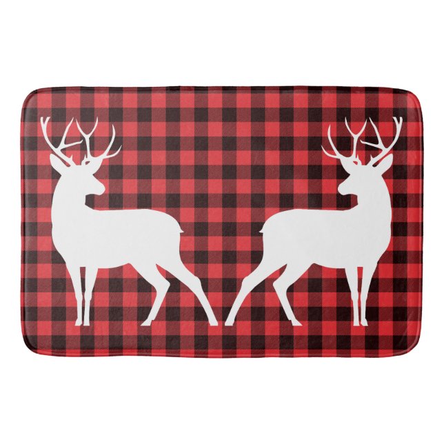 Tapis De Bain Reindeer Rouge & Noir Tartan Motif Buffalo Plaid (Devant)