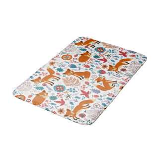 Tapis De Bain Renards Rouges Mignons & Fleurs Colorées