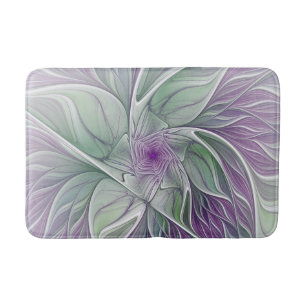 Tapis De Bain Rêve de fleurs, art fractal abstrait violet vert