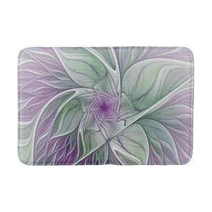 Tapis De Bain Rêve de fleurs, art fractal abstrait violet vert