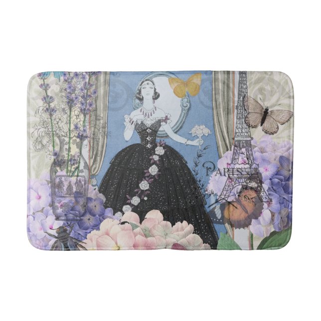 Tapis De Bain Robe élégante bleue pour femme, fantaisie florale  (Devant)