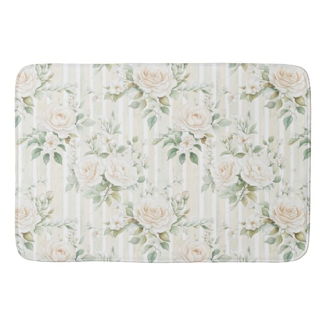 Tapis De Bain Romantic Blush Roses Blanches Rayures Florales   (Devant)