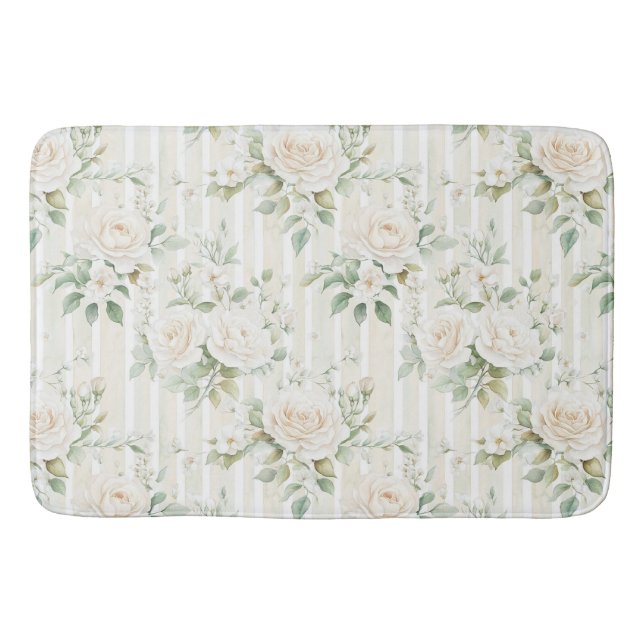 Tapis De Bain Romantique Buisson Blanc Roses Fleurs Rayures   (Devant)