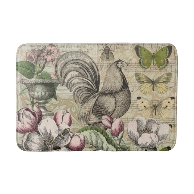 Tapis De Bain Rooster Garden Flower Papillon Art (Devant)