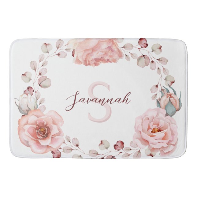 Tapis De Bain Rose d'aquarelle Wreath personnalisée | BLANCHE (Devant)