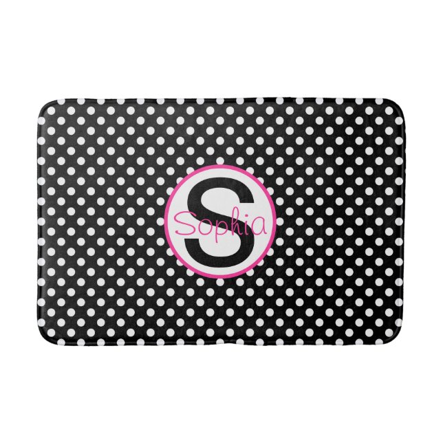 Tapis De Bain Rose et Noir, Nom et Initiale avec Points (Devant)