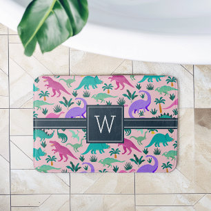 Tapis De Bain Rose   Joli Motif Dinosaure coloré Monogramme enfa
