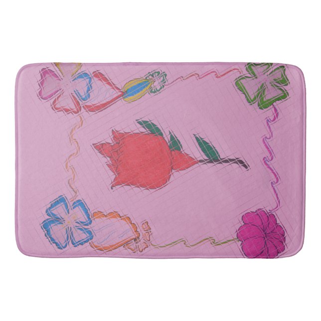 Tapis De Bain Rose rouge sur rose : Art Floral Frontière Imprime (Devant)