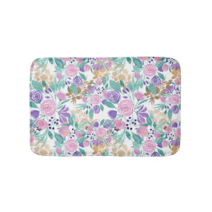 Tapis De Bain Rose violet violet or Aquarelle Feuille