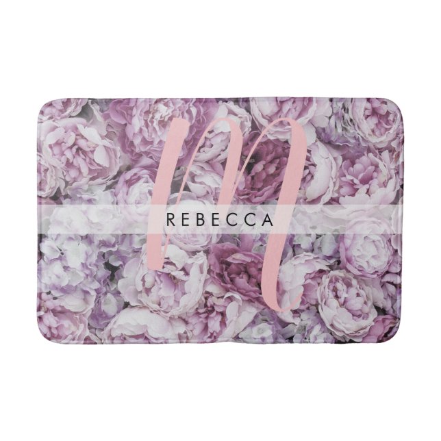 Tapis De Bain Roses de pivoine rose Floral élégant Monogramme (Devant)