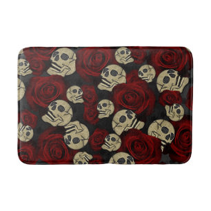Tapis De Bain Roses et crânes rouges Floral noir gris gothique
