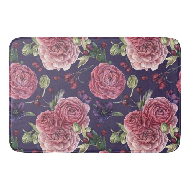 Tapis De Bain Roses Roses Roses Romantiques Sur Motif Violet (Devant)